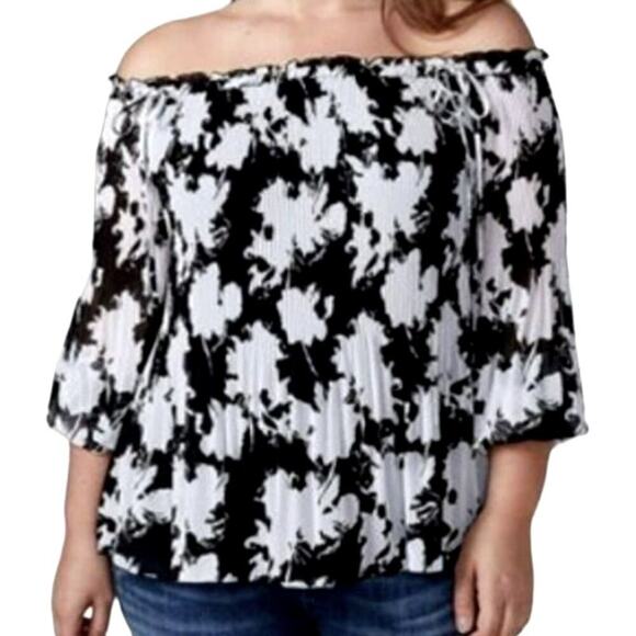 Lane Bryant Floral Chiffon Off the Shoulder Tops Plus Size 26/28 Pleated Blouse - Picture 2 of 16